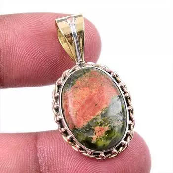 Natural Unakite Gemstone 925 Solid Sterling Silver Two Tone Pendant 1.50 m6g42
