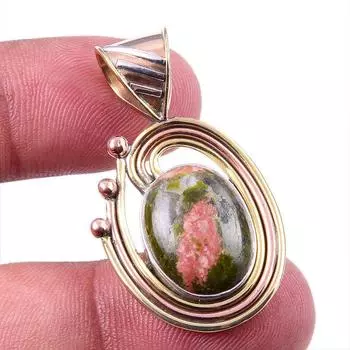 Natural Unakite Gemstone 925 Solid Sterling Silver Two Tone Pendant 1.50 Y6g64
