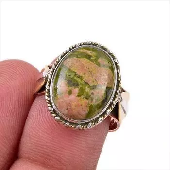 Natural Unakite Gemstone 925 Solid Sterling Silver TwoTone Gift Ring S.7 G1Z80