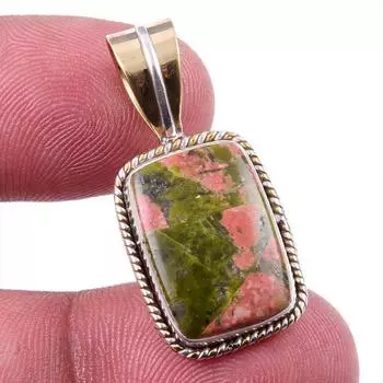 Natural Unakite Gemstone 925 Solid Sterling Silver Two Tone Pendant 1.25 T0k70