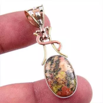 Natural Unakite Gemstone 925 Solid Sterling Silver Two Tone Pendant 1.75 C5d49