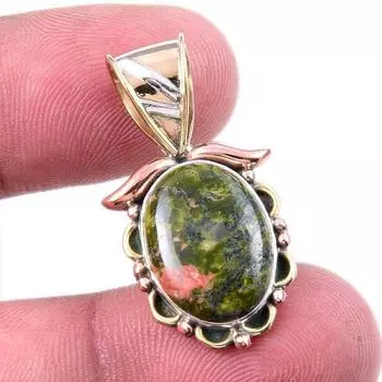 Natural Unakite Gemstone 925 Solid Sterling Silver Two Tone Pendant 1.25 R7c99