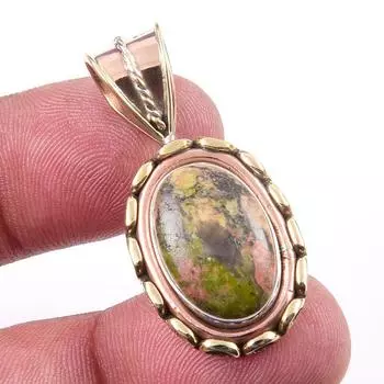 Natural Unakite Gemstone 925 Solid Sterling Silver Two Tone Pendant 1.50 H3Q43