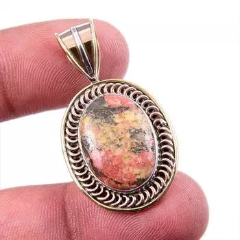Natural Unakite Gemstone 925 Solid Sterling Silver Two Tone Pendant 1.5 e2F78