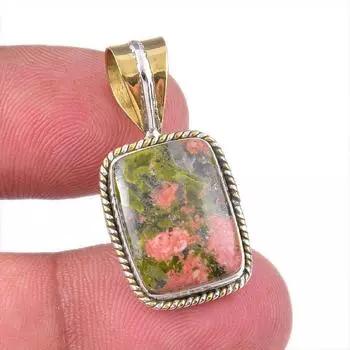 Natural Unakite Gemstone 925 Solid Sterling Silver Two Tone Pendant 1.50 k8u28