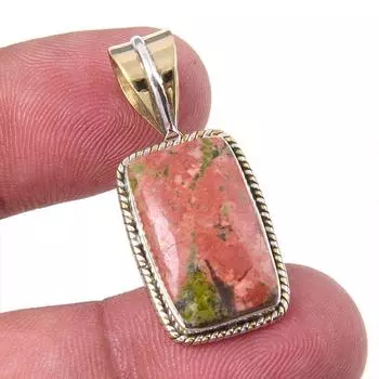 Natural Unakite Gemstone 925 Solid Sterling Silver Two Tone Pendant 1.25 p0O30