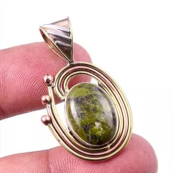 Natural Unakite Gemstone 925 Solid Sterling Silver Two Tone Pendant 1.50 M0l47