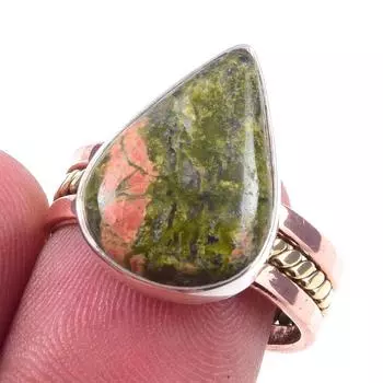 Natural Unakite Gemstone Handmade 925 Sterling Silver Two Tone Ring Size 8 N0W90