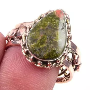 Natural Unakite Gemstone Handmade 925 Sterling Silver Two Tone Ring Size 10 H6I71