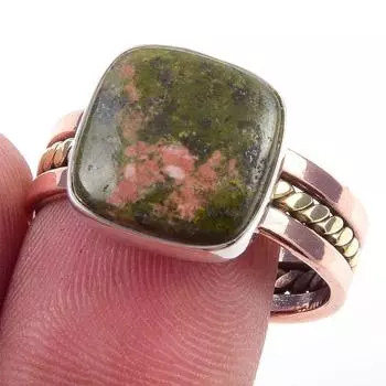 Natural Unakite Gemstone Handmade 925 Sterling Silver Two Tone Ring Size 10 g3P44