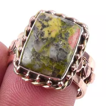 Natural Unakite Gemstone Handmade 925 Sterling Silver Two Tone Ring S.7.5 E8q64