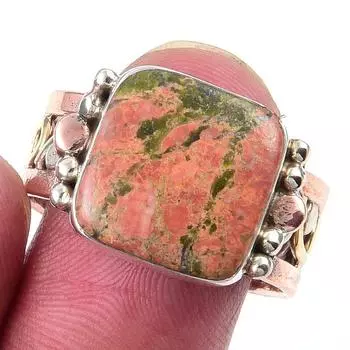 Natural Unakite Gemstone Handmade 925 Sterling Silver Two Tone Ring Size 10 Z7l64