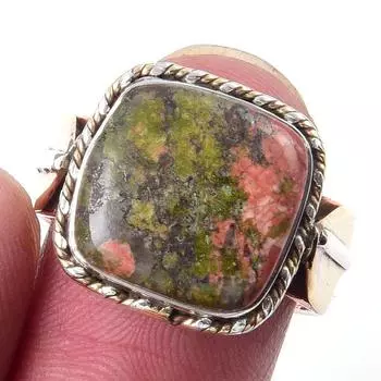Natural Unakite Gemstone Handmade 925 Sterling Silver Two Tone Ring Size 7 j7J61
