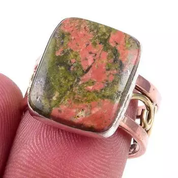 Natural Unakite Gemstone Handmade 925 Sterling Silver Two Tone Ring Size 7 O6s11