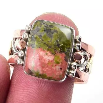 Natural Unakite Gemstone Handmade 925 Sterling Silver Two Tone Ring Size 10 K9l45