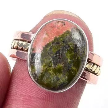 Natural Unakite Gemstone Handmade 925 Sterling Silver Two Tone Ring Size 8 r0e51