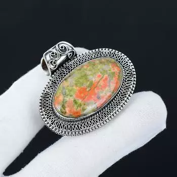 Natural Unakite Gemstone Silver Pendant in 925 Sterling Silver- Handmade Design, Everyday Wear Jewelry, Antique Pendant Wadding Gifts 2.36 жёлтый
