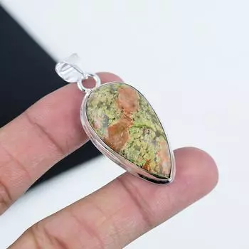 Natural Unakite Gemstone Silver Pendant in 925 Sterling Silver - Handmade Pear Design, Everyday Wear Jewelry Father s Day Gift 2.16 зелёный