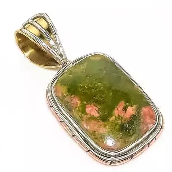 Natural Unakite Gemstone Two Tone 925 Solid Sterling Silver Pendant 1.30 B0F42