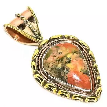 Natural Unakite Gemstone Two Tone 925 Solid Sterling Silver Pendant 1.50 F2v99