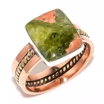 Natural Unakite Gemstone Two Tone 925 Solid Sterling Silver Gift Ring S.10 J6G56