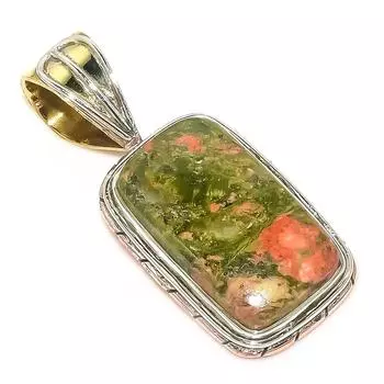 Natural Unakite Gemstone Two Tone 925 Solid Sterling Silver Pendant 1.30 u3P38