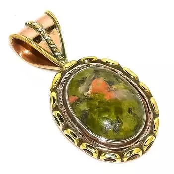 Natural Unakite Gemstone Two Tone 925 Solid Sterling Silver Pendant 1.50 Y5B03