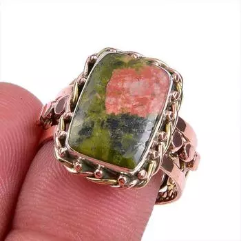 Natural Unakite Gemstone Two Tone 925 Sterling Silver Jewelry Ring Size 8 i2E25