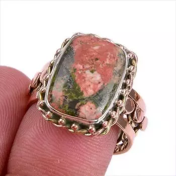 Natural Unakite Gemstone Two Tone 925 Sterling Silver Jewelry Ring Size 8 M3y83