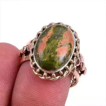 Natural Unakite Gemstone Two Tone 925 Sterling Silver Jewelry Ring Size 8 P3F27