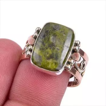 Natural Unakite Gemstone Two Tone 925 Sterling Silver Jewelry Ring Size 9 n2V50