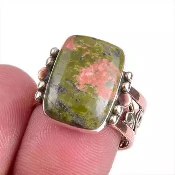 Natural Unakite Gemstone Two Tone 925 Sterling Silver Jewelry Ring Size 7 k9T02