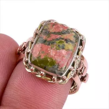 Natural Unakite Gemstone Two Tone 925 Sterling Silver Jewelry Ring Size 7.5 B4m08
