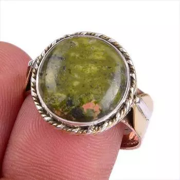 Natural Unakite Gemstone Two Tone 925 Sterling Silver Jewelry Ring Size 9 T0k02