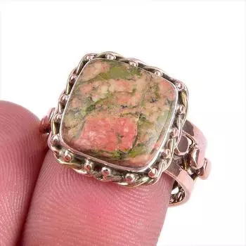 Natural Unakite Gemstone Two Tone 925 Sterling Silver Jewelry Ring Size 8 s4c56