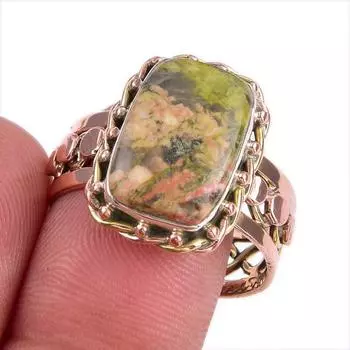 Natural Unakite Gemstone Two Tone 925 Sterling Silver Jewelry Ring Size 10 y6W45