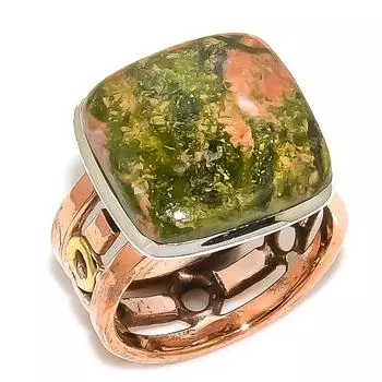 Natural Unakite Gemstone Two Tone 925 Sterling Silver Jewelry Ring Size 7.5 v6E52