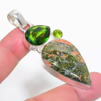 Natural Unakite, Peridot Gemstone 925 Sterling Silver Jewelry Pendant 2.68 P2P81