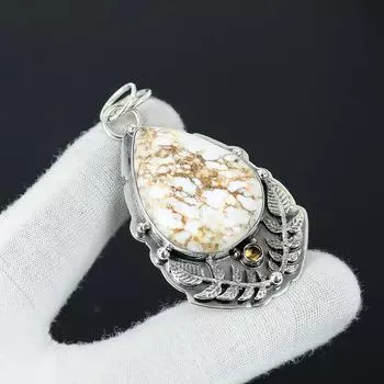 Natural White Lode Jasper Gemstone Silver Pendant in 925 Sterling Silver- Handmade Design, Everyday Wear Jewelry, Unique Smoky Topaz Pendant Gift 2.36 белый