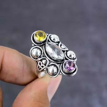 Natural White Topaz,Citrine Gemstone Handmade 925 Sterling Silver Ring S.9 b9m36