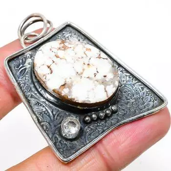 Natural Wild Horse, White Topaz Gemstone 925 Sterling Silver Pendant 2.13 D5Z40