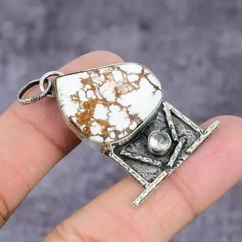 Natural Wild Horse, White Topaz Gemstone 925 Sterling Silver Pendant 2.25 D7b29