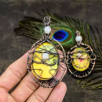 Подвеска из натуральной желтой дендритовой медной проволоки с лунным камнем 3,55 дюйма C6G53