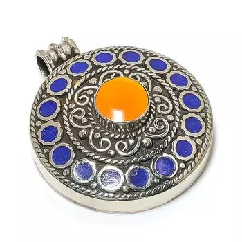 Natural Yellow Onyx, Lapis Gemstone Handmade Jewelry Pendant 2.01 K7T77