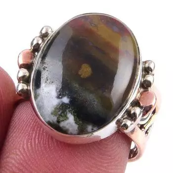 Natural Zebra Jasper Gemstone 925 Sterling Silver Two Tone Ring Size 7.5 v9n45