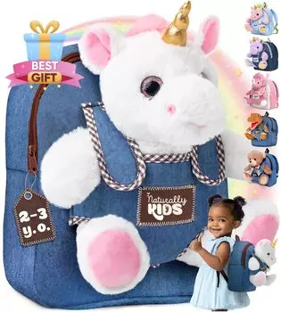 Naturally KIDS Toddler Backpack with Plush Toy Toddler Gift for Boys Girls Small Backpack Unicorn Toy