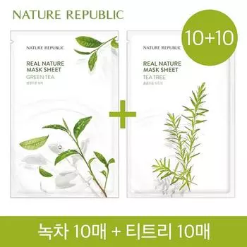 [Nature Republic] [10+10] Маска-лист Real Nature (10 листов зеленого чая + 10 листов чайного дерева)