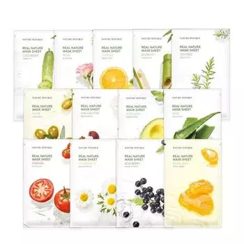 Nature Republic 10+10 тканевых бирок Real Nature Mask 1 тип, Чайное дерево 10 листов + Ромашка 10 листов
