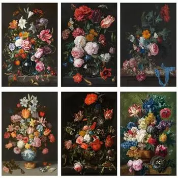 Натюрморт с цветами в стеклянной вазе, картины маслом, печать на холсте, художественные постеры и принты, художественные фотографии в стиле барокко, домашний декор 21x30cm No Frame