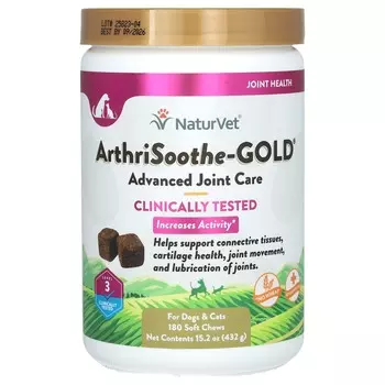 NaturVet, ArthriSoothe-GOLD, улучшенный уход за суставами, для собак и кошек, уровень 3, 180 мягких жевательных таблеток, 15,2 унции (432 г)
